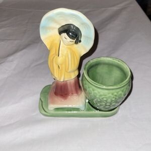 Shawnee # 701 Vintage Ceramic Geisha Figurine with Green Vase Planter